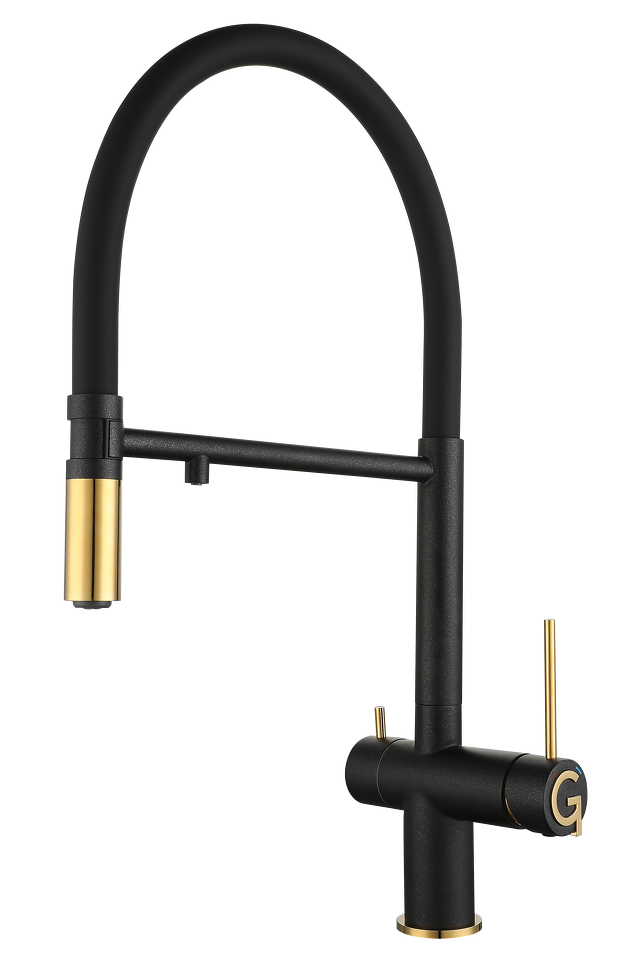 Фото Смеситель для кухни Rivelato Adria U-обр. гибкий излив с краном питьевой воды D-35мм antracite/oro