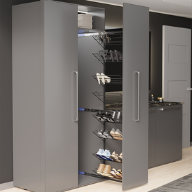 Картинка Duslar Выдвижная обувница TALL HUGO с 8-ю полками, выдвижной фасад, ширина 227 мм, высота 1850 мм, антрацит