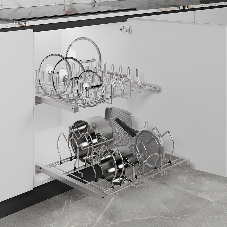 Фото Duslar Система AZA для хранения кастрюль, крышек и сковородок, распашной фасад 600 мм, хром