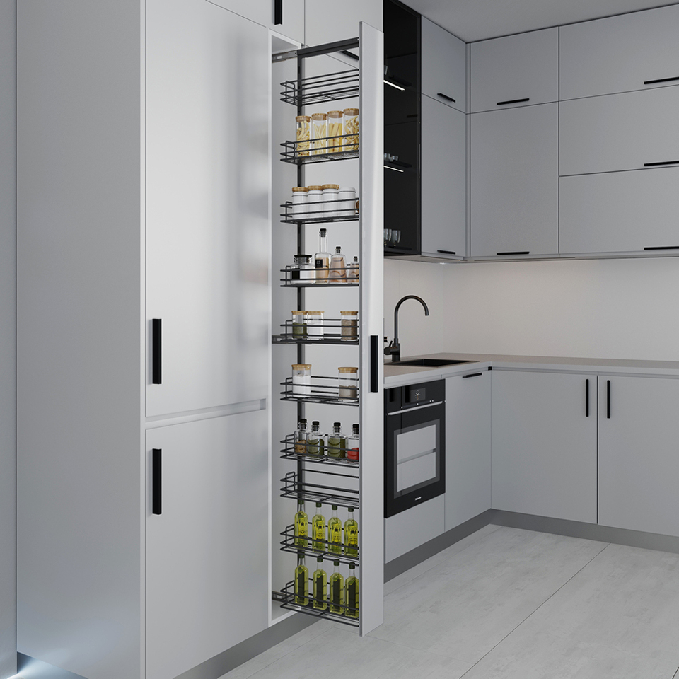 Фото Duslar Система TALL WALL с 6 корзинами 129 мм, высота 1520 мм, выдвижной фасад от 200 мм, антрацит