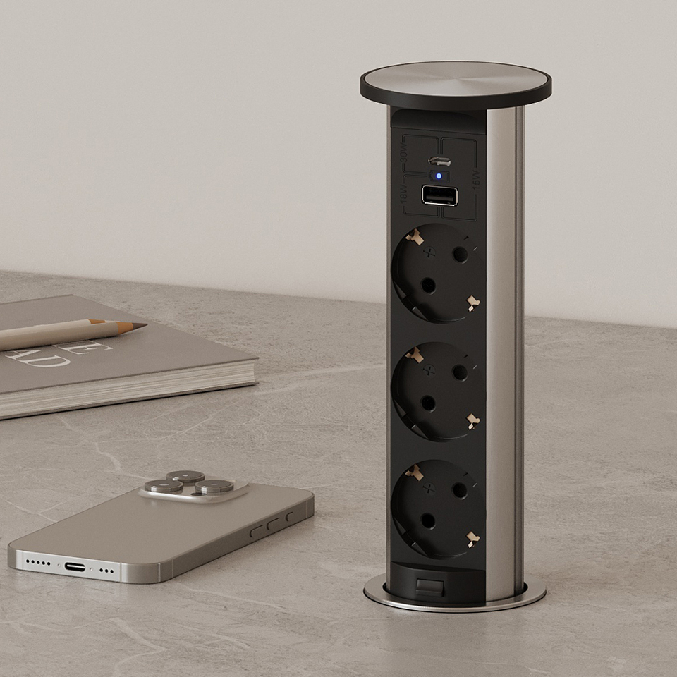 Фото Duslar Розетка TRINA, врезная, алюминий/черный