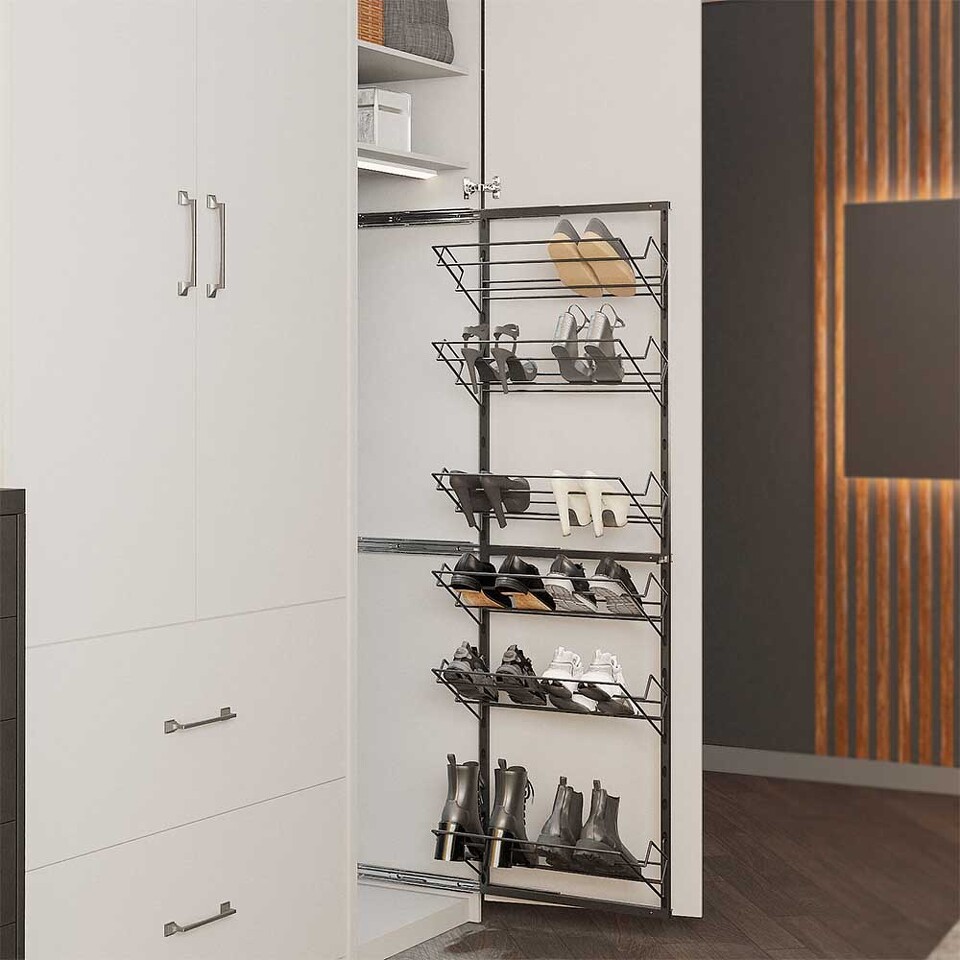 Фото Duslar Выдвижная обувница TALL BENKO с 6-ю полками, распашной фасад, ширина 230 мм, высота 1520мм, антрацит