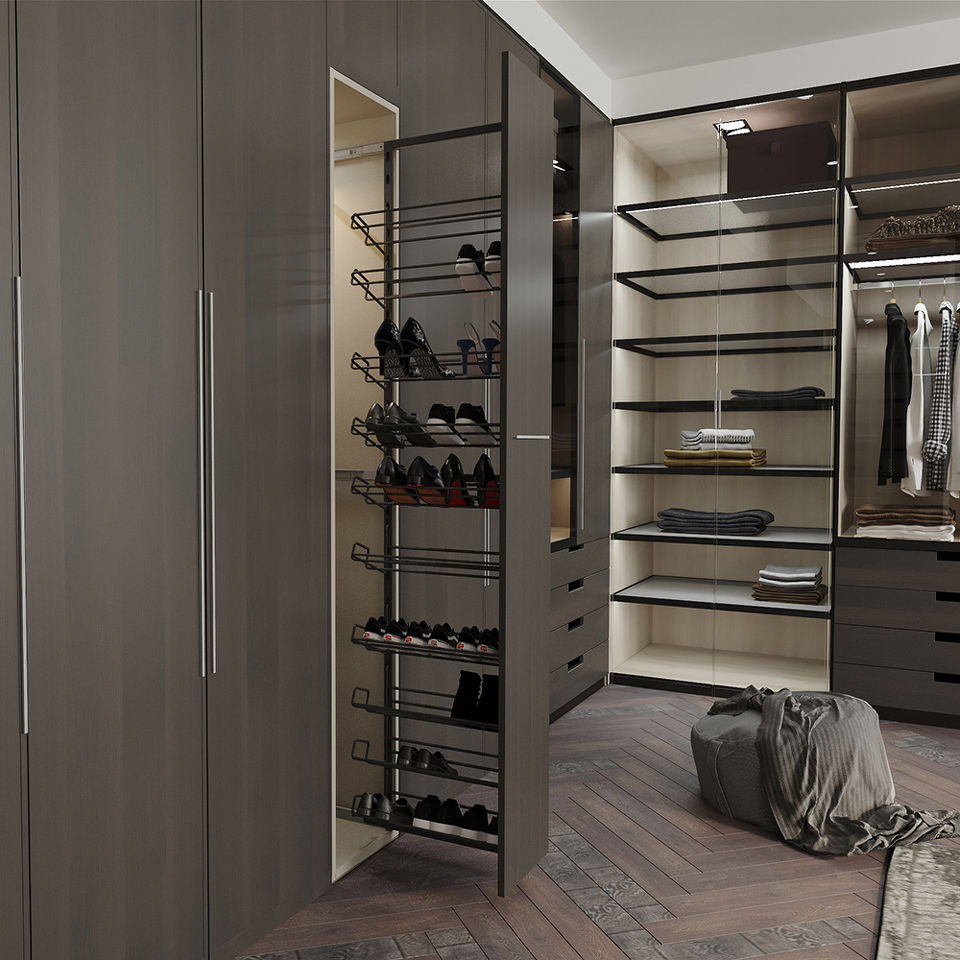 Фото Duslar Выдвижная обувница TALL HUGO с 10-ю полками, выдвижной фасад, ширина 227 мм, высота 2100мм, антрацит