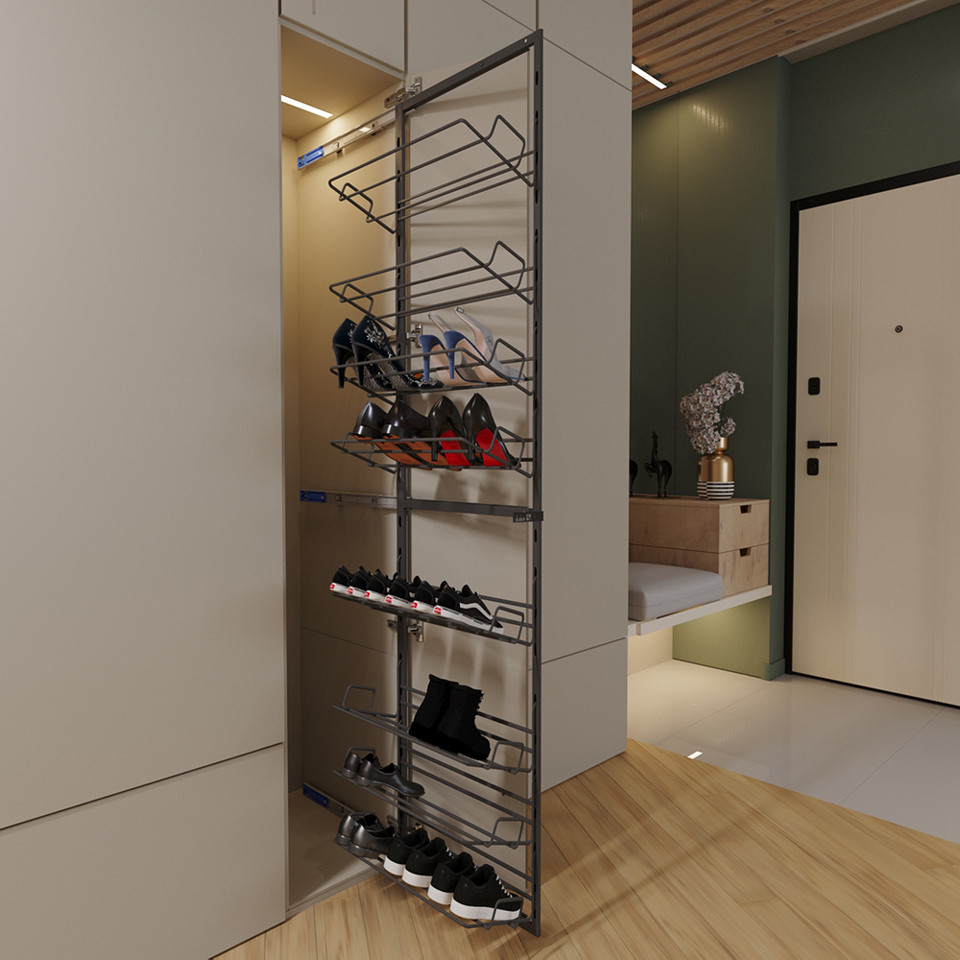 Фото Duslar Выдвижная обувница TALL BENKO с 8-ю полками, распашной фасад, ширина 230 мм, высота 1870мм, антрацит