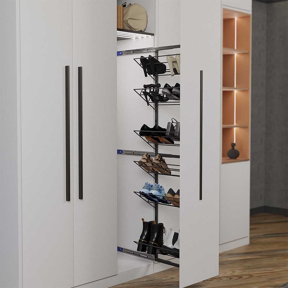 Фото Duslar Выдвижная обувница TALL HUGO с 6-ю полками, выдвижной фасад, ширина 230 мм, высота 1520 мм, антрацит