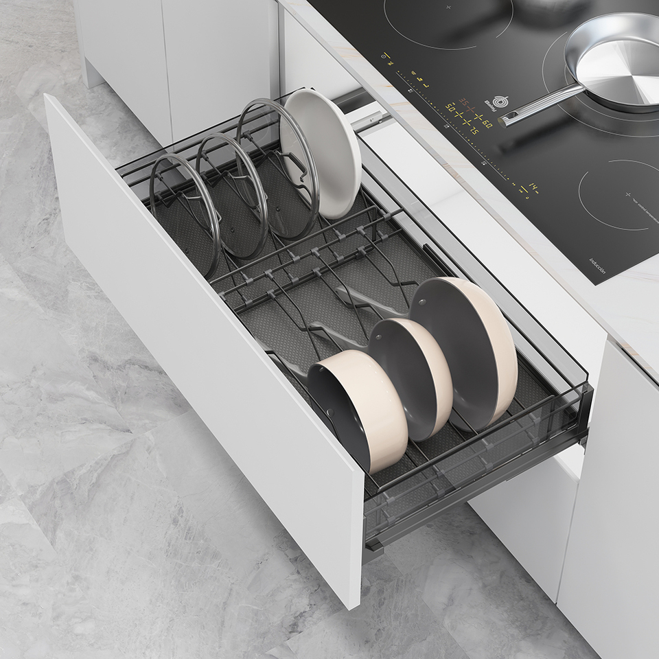 Фото Duslar Корзина с держателем MATRIX для крышек, кастрюль и сковородок, выдвижной фасад 900 мм, антрацит