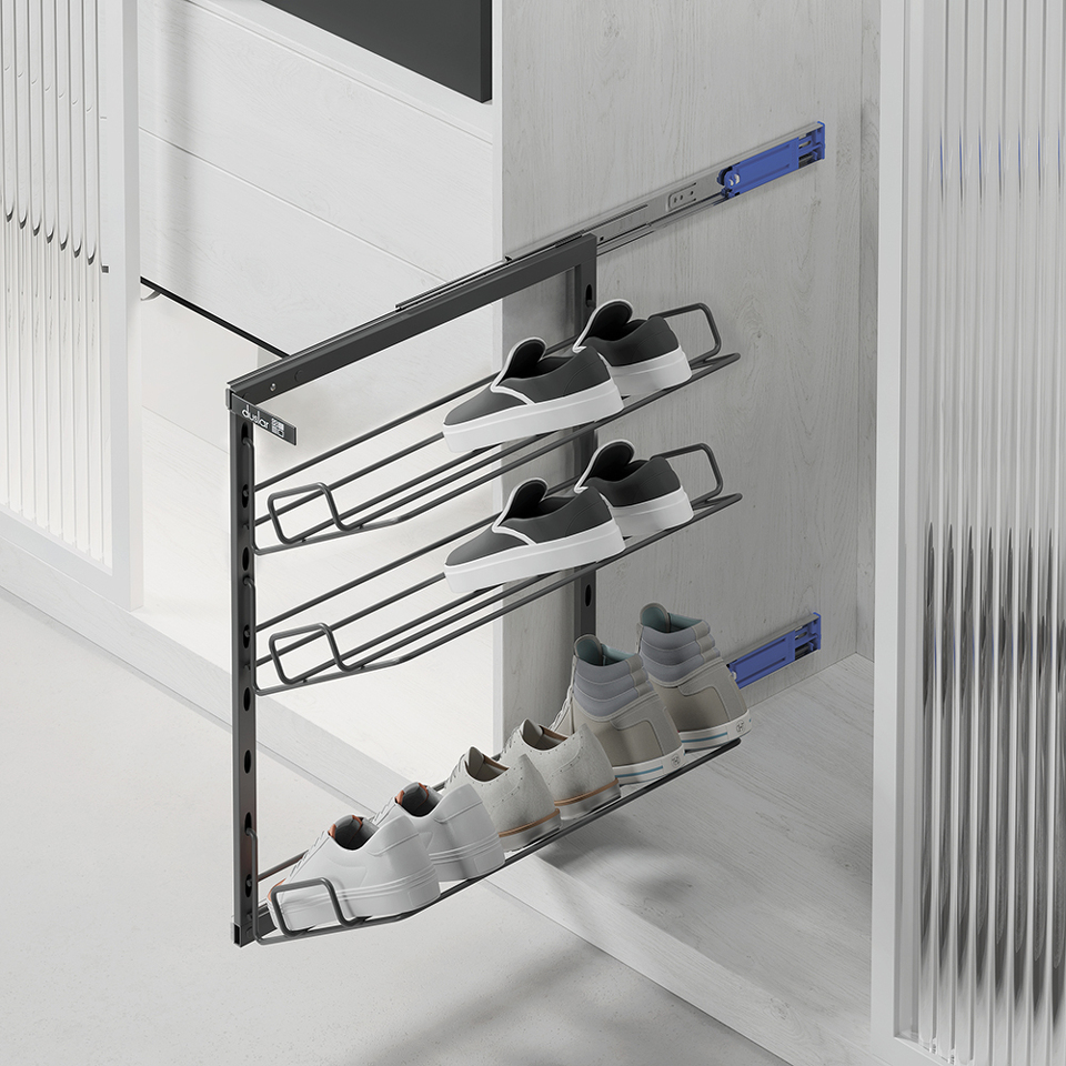 Фото Duslar Выдвижная обувница BENKO с 3-мя полками, ширина 230 мм, высота 566 мм, антрацит