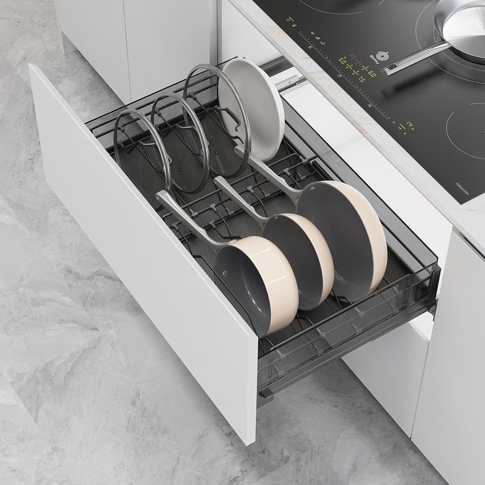 Фото Duslar Корзина с держателем MATRIX для крышек, кастрюль и сковородок, выдвижной фасад 800 мм, антрацит