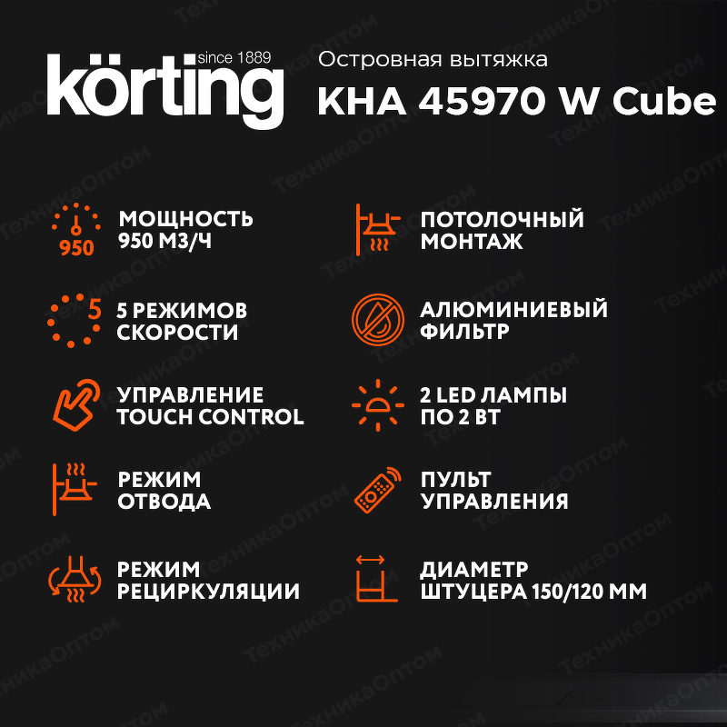 Преимущества Островная вытяжка Körting KHA 45970 W Cube